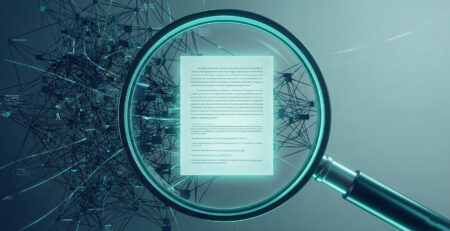 Ilustratie cu o lupa digitala care scaneaza internetul si ofera un raspuns clar cu citate simbolizand Perplexity AI