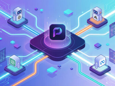 Ilustratie futurista cu logo-ul Poe conectand mai multi roboti AI precum ChatGPT si Claude intr-o singura platforma centrala