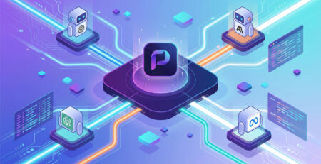 Ilustratie futurista cu logo-ul Poe conectand mai multi roboti AI precum ChatGPT si Claude intr-o singura platforma centrala