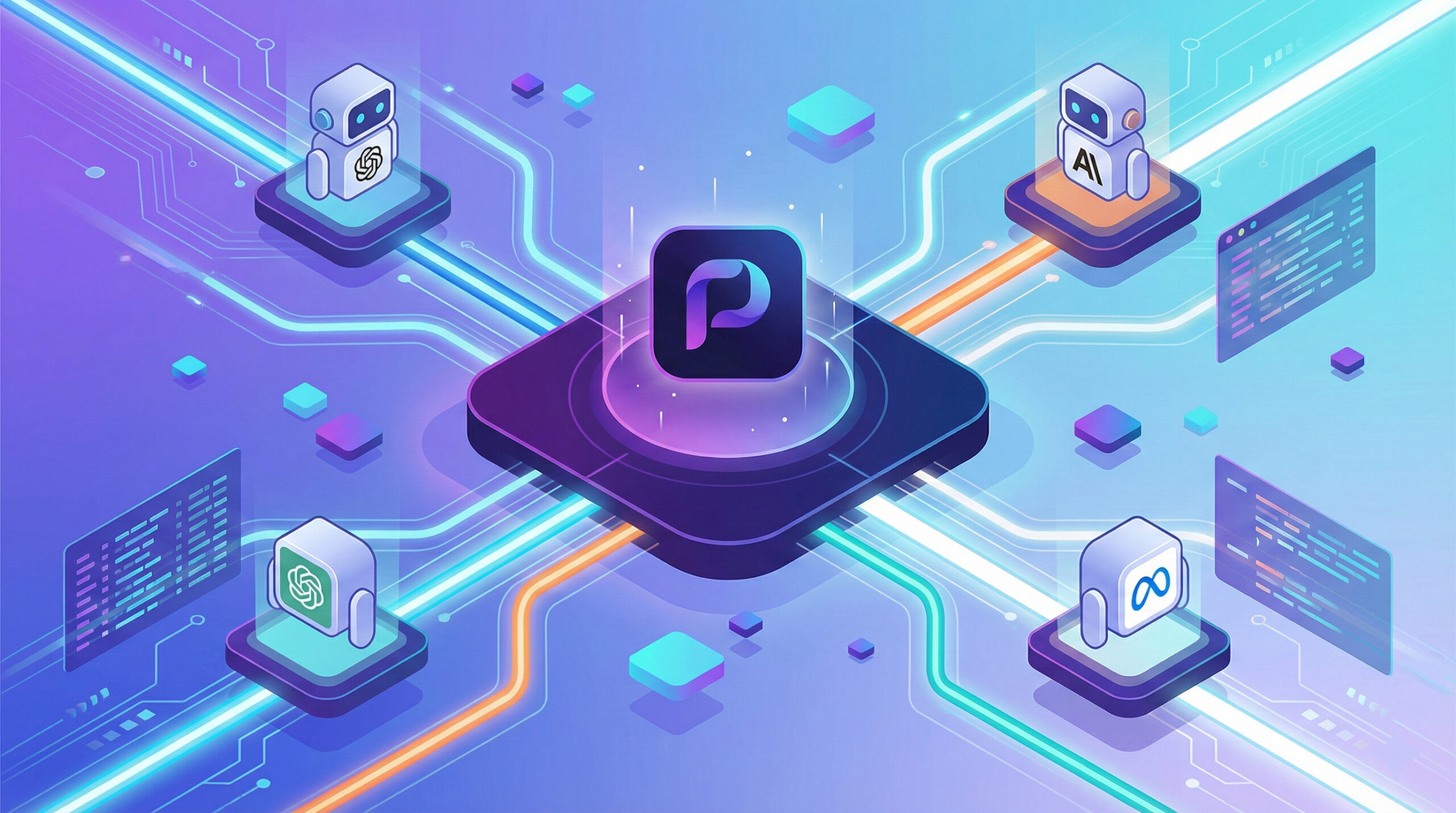 Ilustratie futurista cu logo-ul Poe conectand mai multi roboti AI precum ChatGPT si Claude intr-o singura platforma centrala