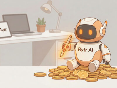 Ilustratie 3D cu un robotel prietenos simbolizand Rytr scriind la un birou modern sugerand economie de bani si timp