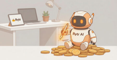 Ilustratie 3D cu un robotel prietenos simbolizand Rytr scriind la un birou modern sugerand economie de bani si timp