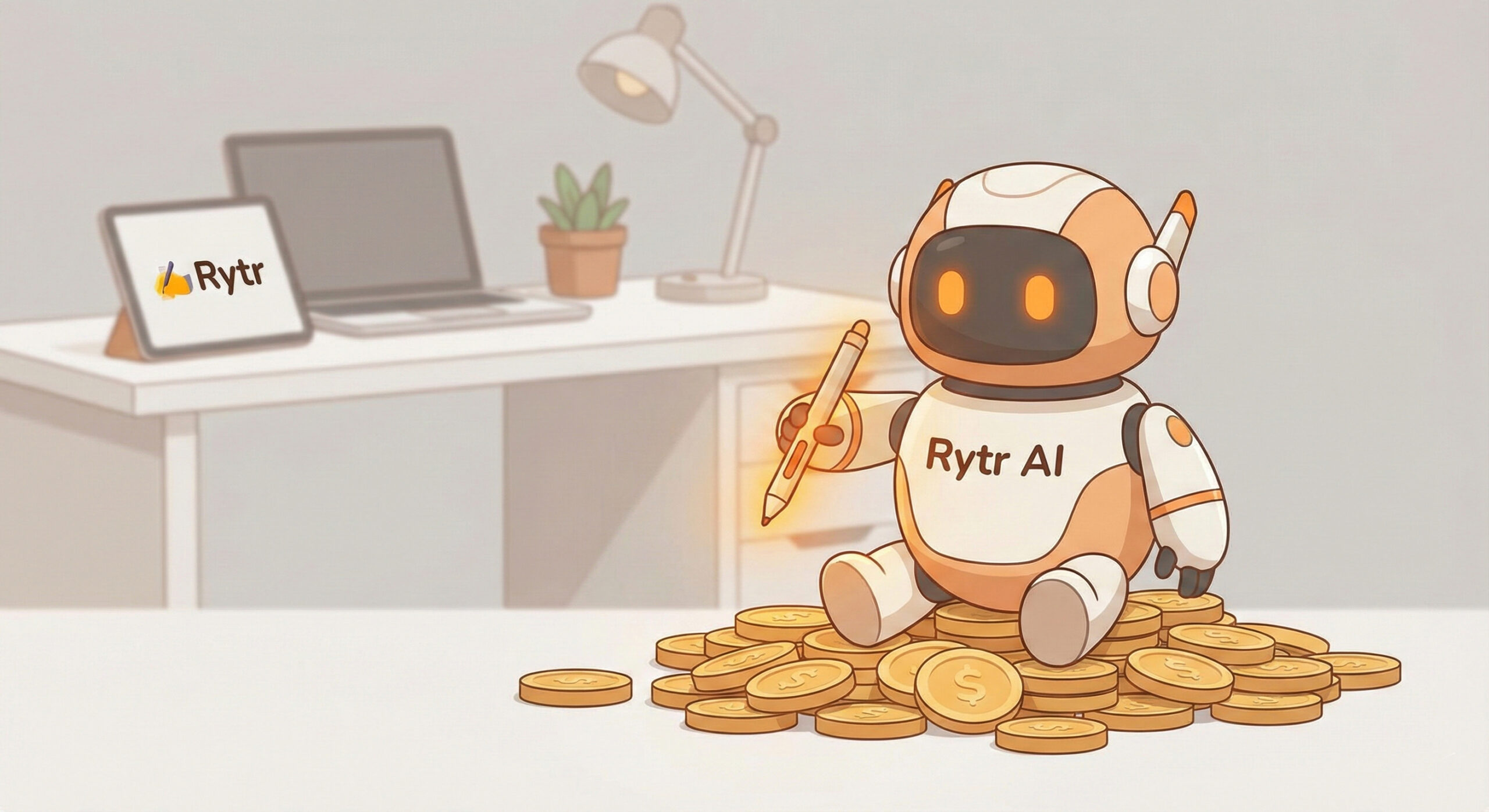 Ilustratie 3D cu un robotel prietenos simbolizand Rytr scriind la un birou modern sugerand economie de bani si timp