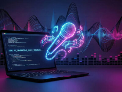 Ilustratie vibranta cu un microfon si note muzicale iesind dintr-un laptop simbolizand generarea de muzica prin Suno AI