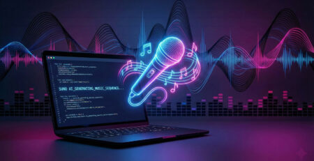 Ilustratie vibranta cu un microfon si note muzicale iesind dintr-un laptop simbolizand generarea de muzica prin Suno AI