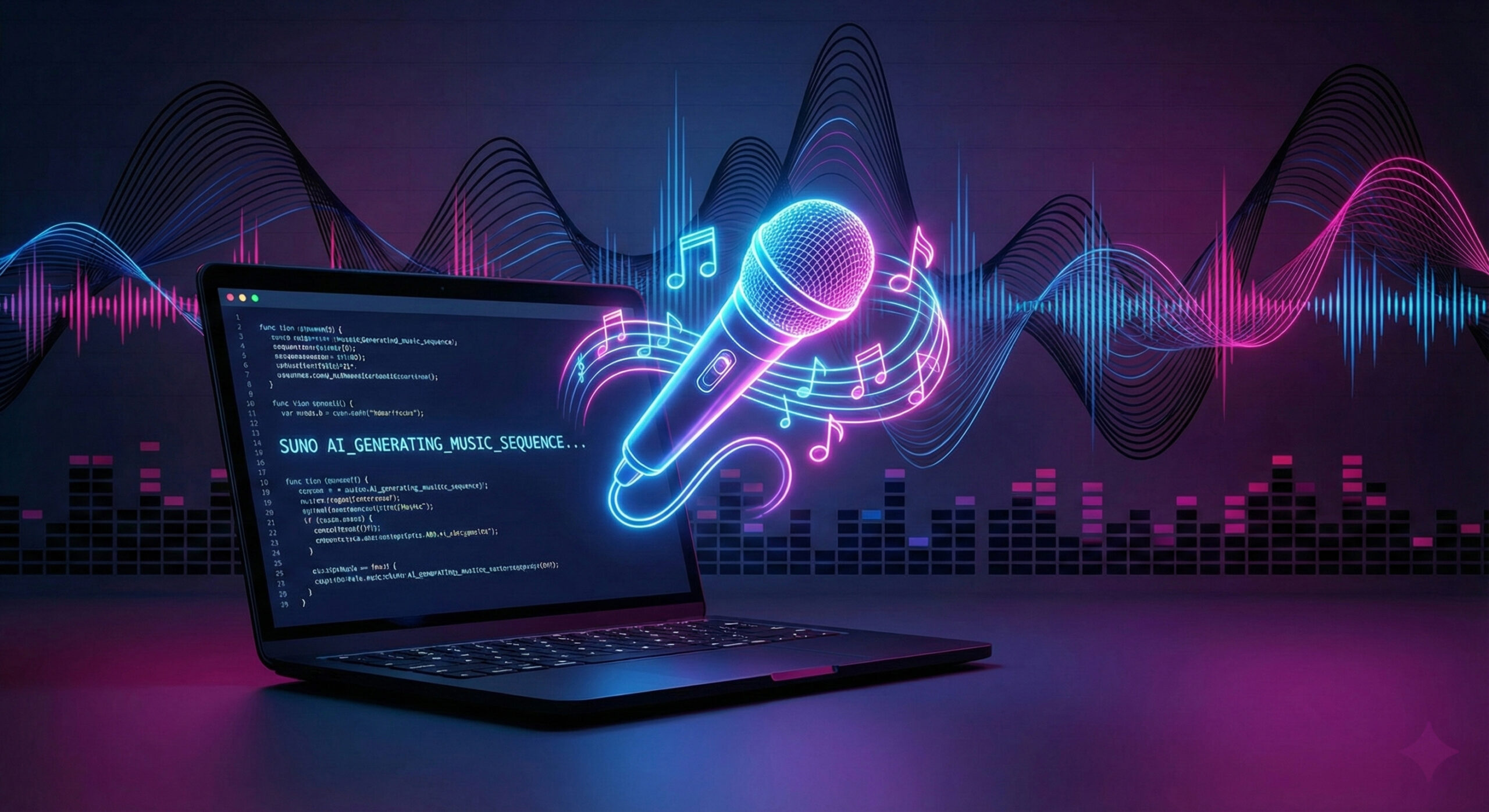 Ilustratie vibranta cu un microfon si note muzicale iesind dintr-un laptop simbolizand generarea de muzica prin Suno AI