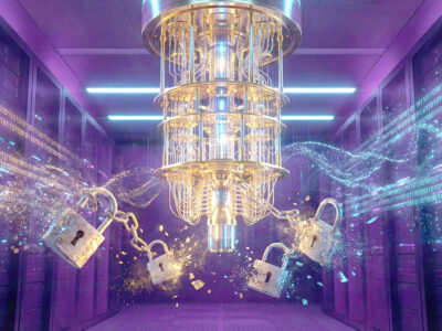 Ilustratie SF cu un computer cuantic care sparge lacate digitale vechi simbolizand amenintarea post-cuantica si decriptarea datelor