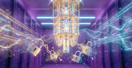 Ilustratie SF cu un computer cuantic care sparge lacate digitale vechi simbolizand amenintarea post-cuantica si decriptarea datelor