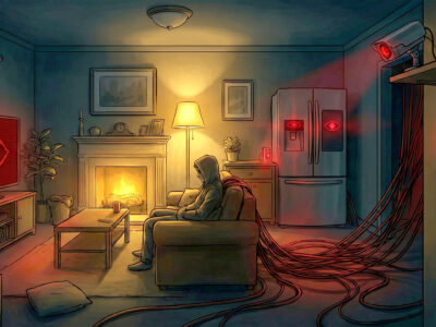 Ilustratie conceptuala cu o sufragerie in care dispozitivele inteligente au ochi rosii si spioneaza utilizatorul simbolizand un atac IoT