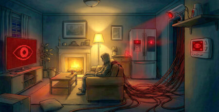 Ilustratie conceptuala cu o sufragerie in care dispozitivele inteligente au ochi rosii si spioneaza utilizatorul simbolizand un atac IoT