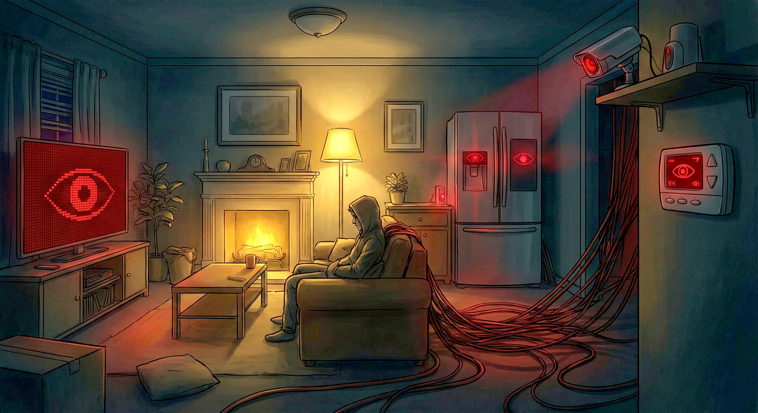 Ilustratie conceptuala cu o sufragerie in care dispozitivele inteligente au ochi rosii si spioneaza utilizatorul simbolizand un atac IoT