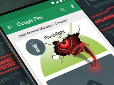Ilustratie cu un telefon Android aratand un virus Cellik ascuns intr-o aplicatie de lanterna din Google Play Store