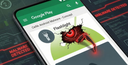 Ilustratie cu un telefon Android aratand un virus Cellik ascuns intr-o aplicatie de lanterna din Google Play Store