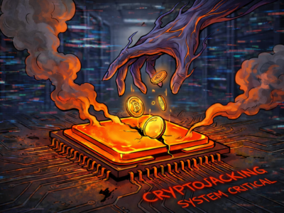 Ilustratie dramatica cu un procesor de calculator supraincalzit din care se scurg monede digitale simbolizand furtul de resurse prin Cryptojacking