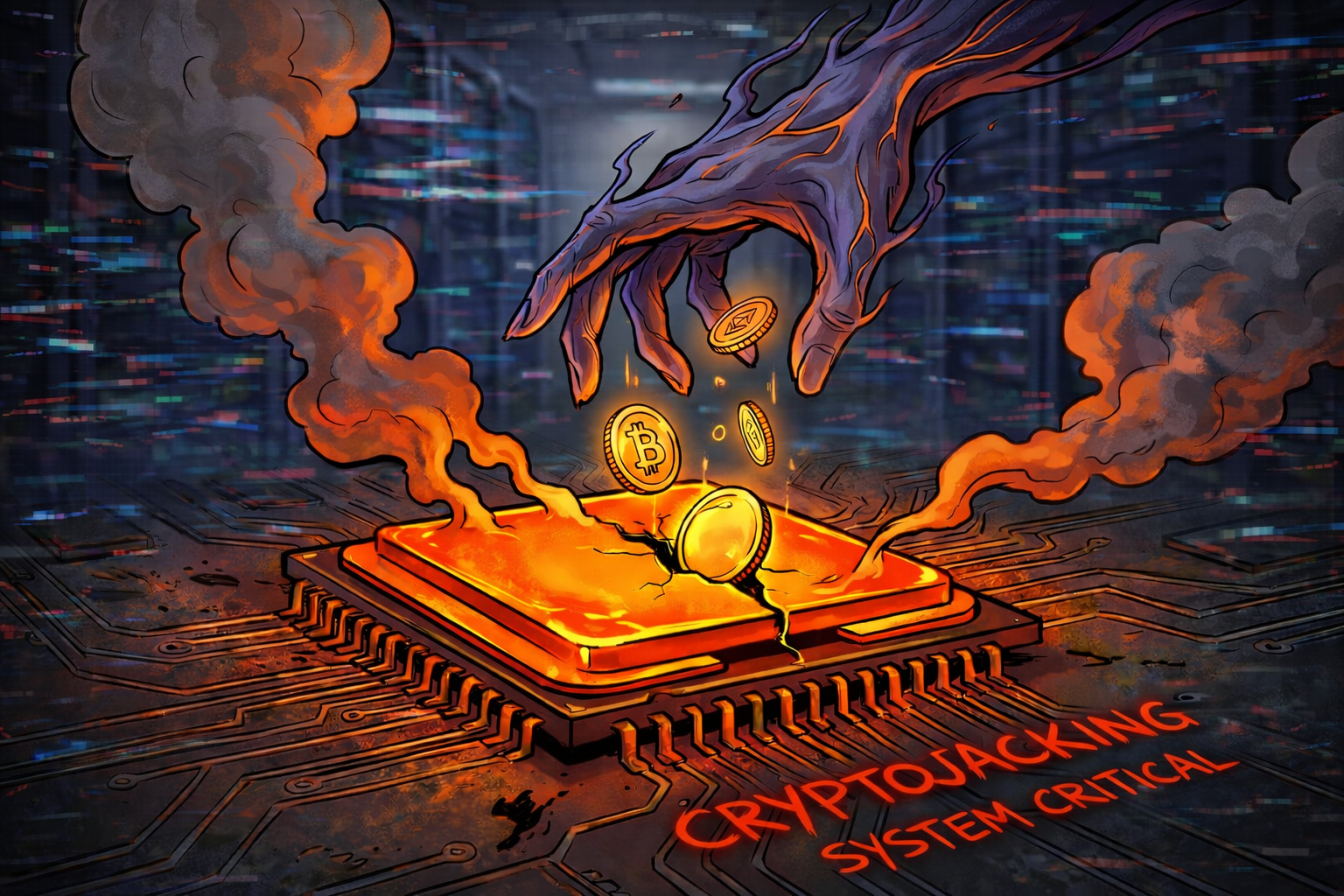 Ilustratie dramatica cu un procesor de calculator supraincalzit din care se scurg monede digitale simbolizand furtul de resurse prin Cryptojacking