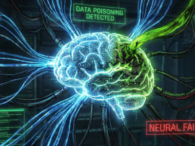 Ilustratie conceptuala aratand un creier digital AI care este hranit cu un flux de date verde toxic simbolizand atacul de tip Data Poisoning