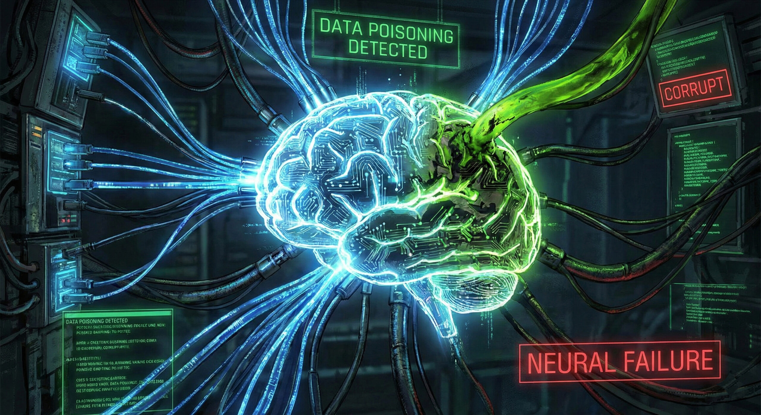 Ilustratie conceptuala aratand un creier digital AI care este hranit cu un flux de date verde toxic simbolizand atacul de tip Data Poisoning