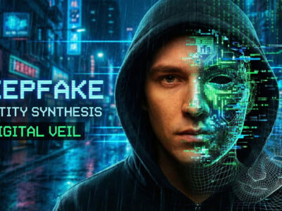 Ilustratie reprezentand o masca digitala care se desprinde de pe fata unui om dezvaluind structura wireframe de dedesubt simbolizand tehnologia Deepfake