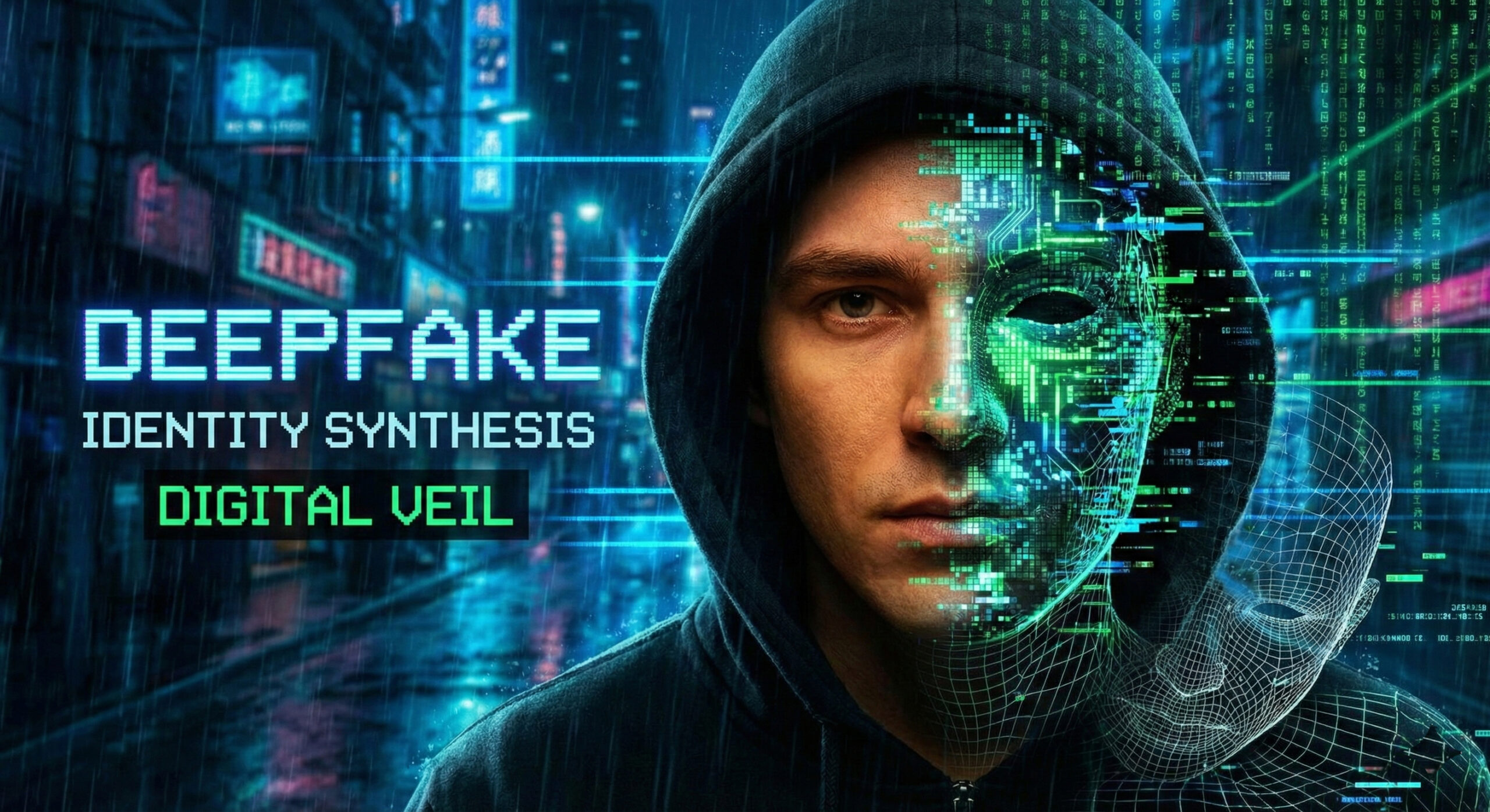 Ilustratie reprezentand o masca digitala care se desprinde de pe fata unui om dezvaluind structura wireframe de dedesubt simbolizand tehnologia Deepfake