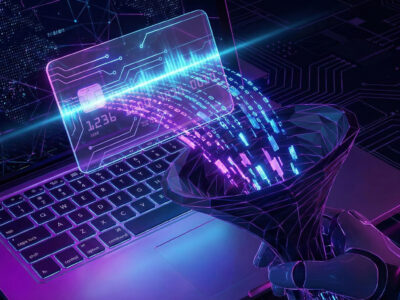 Ilustratie abstracta reprezentand procesul de Formjacking unde datele unui card de credit sunt copiate digital in timpul unei plati online