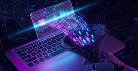 Ilustratie abstracta reprezentand procesul de Formjacking unde datele unui card de credit sunt copiate digital in timpul unei plati online