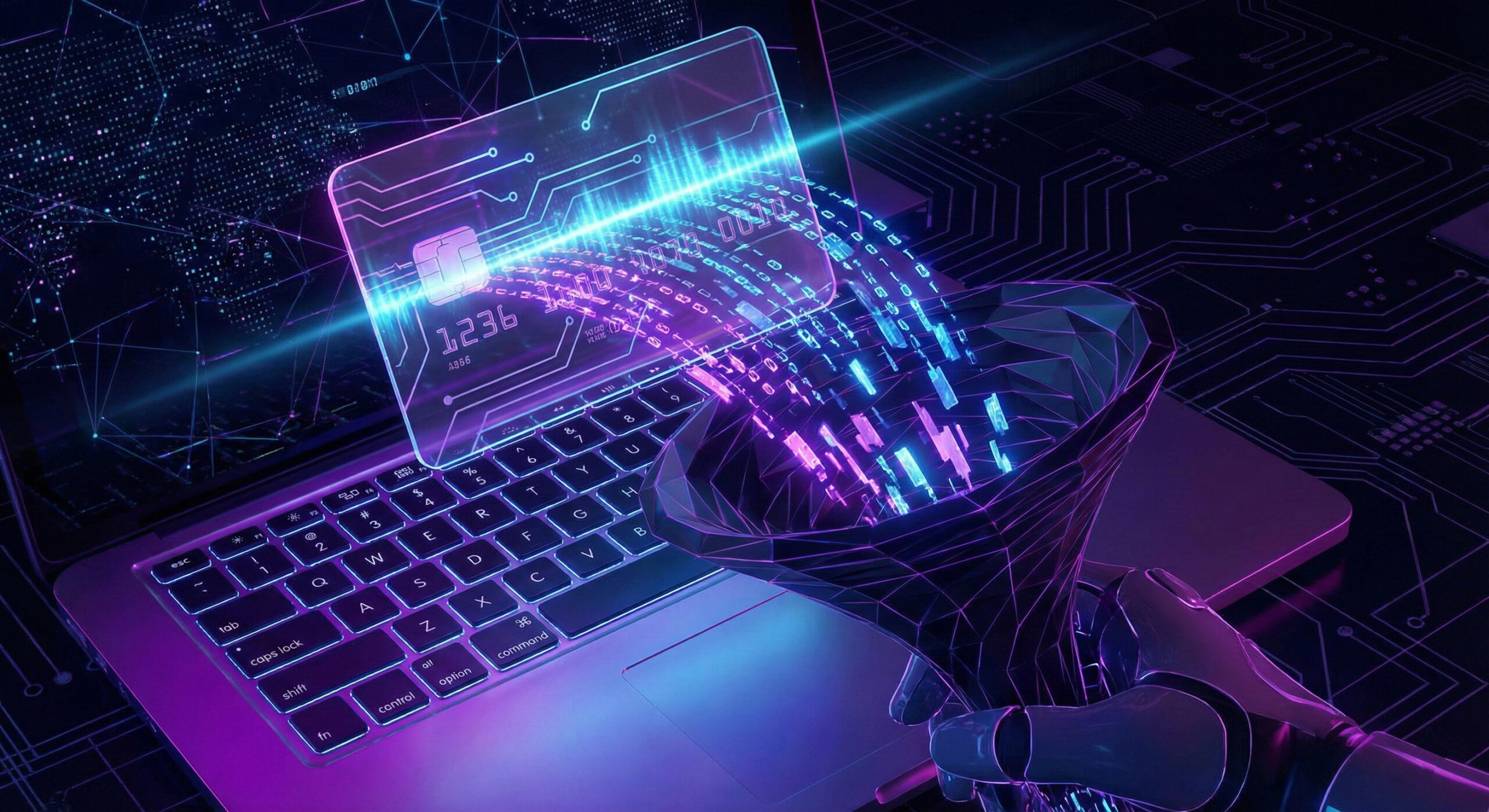 Ilustratie abstracta reprezentand procesul de Formjacking unde datele unui card de credit sunt copiate digital in timpul unei plati online