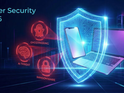 Ilustratie futurista cu un scut digital protejand dispozitivele de amenintari cibernetice precum AI si ransomware in 2026