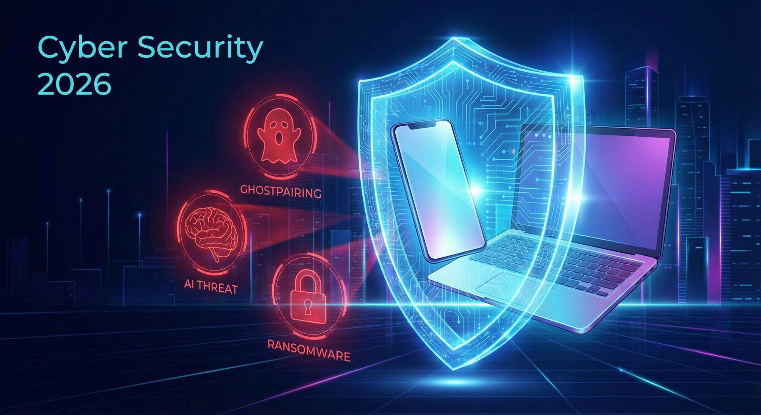 Ilustratie futurista cu un scut digital protejand dispozitivele de amenintari cibernetice precum AI si ransomware in 2026