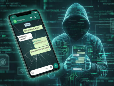 Ilustratie reprezentand atacul GhostPairing unde o silueta digitala citeste mesajele WhatsApp de pe un telefon clonat