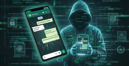 Ilustratie reprezentand atacul GhostPairing unde o silueta digitala citeste mesajele WhatsApp de pe un telefon clonat