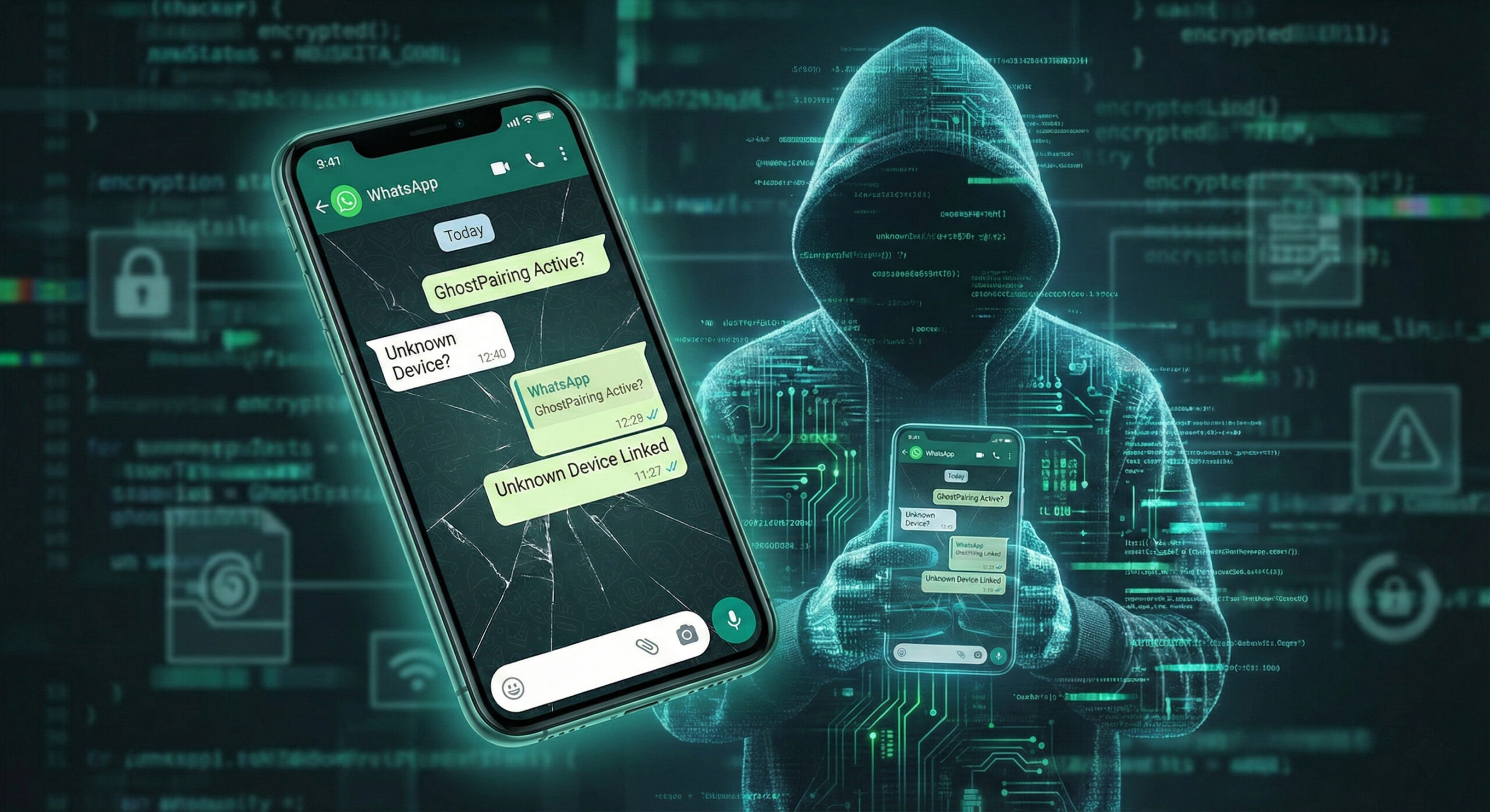 Ilustratie reprezentand atacul GhostPairing unde o silueta digitala citeste mesajele WhatsApp de pe un telefon clonat