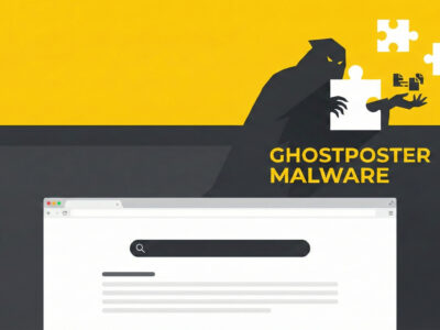 Ilustratie reprezentand o extensie de browser aparent normala care proiecteaza o umbra periculoasa simbolizand amenintarea GhostPoster