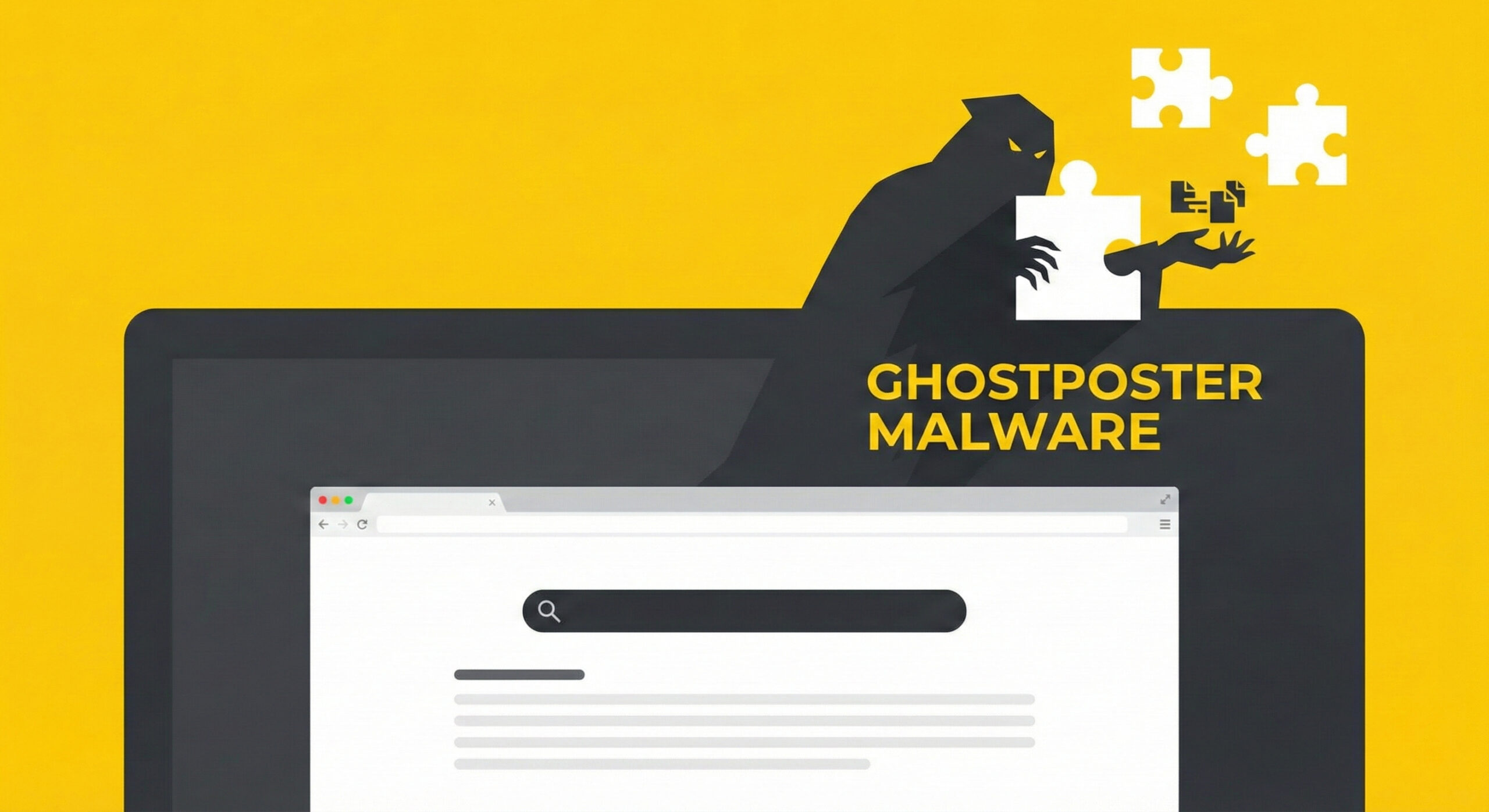 Ilustratie reprezentand o extensie de browser aparent normala care proiecteaza o umbra periculoasa simbolizand amenintarea GhostPoster