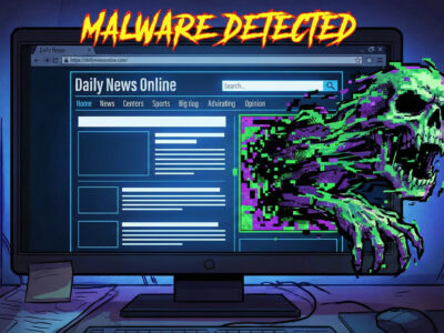 Ilustratie reprezentand un site de stiri unde un banner publicitar se transforma intr-o amenintare digitala simbolizand atacul de tip Malvertising