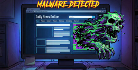 Ilustratie reprezentand un site de stiri unde un banner publicitar se transforma intr-o amenintare digitala simbolizand atacul de tip Malvertising