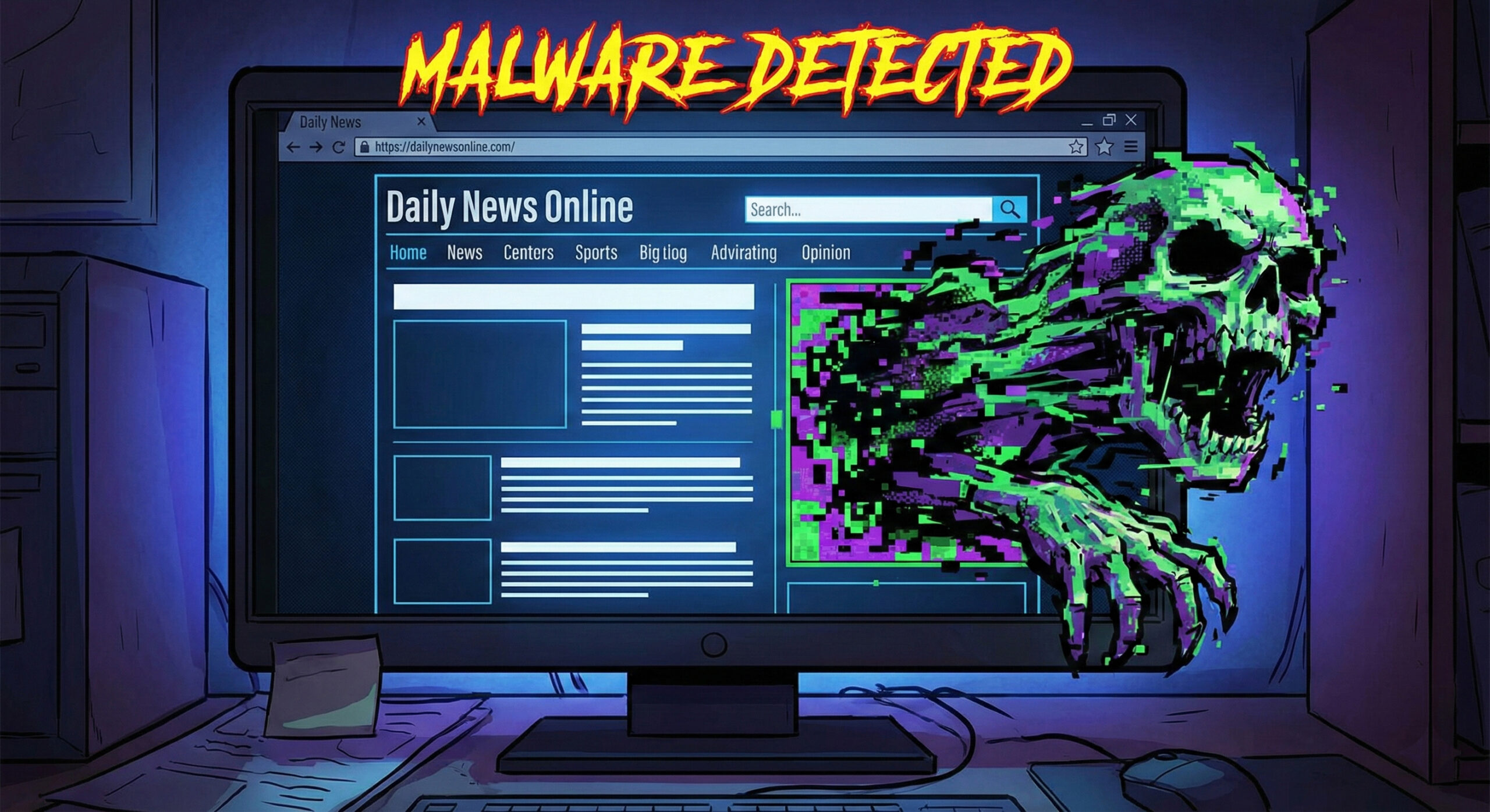 Ilustratie reprezentand un site de stiri unde un banner publicitar se transforma intr-o amenintare digitala simbolizand atacul de tip Malvertising