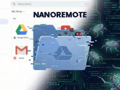 Ilustratie conceptuala cu un folder de Cloud sau Google Drive din care ies bug-uri digitale simbolizand malware-ul NANOREMOTE