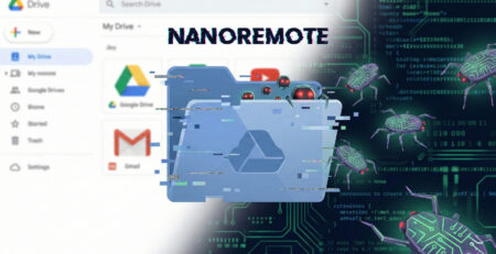 Ilustratie conceptuala cu un folder de Cloud sau Google Drive din care ies bug-uri digitale simbolizand malware-ul NANOREMOTE
