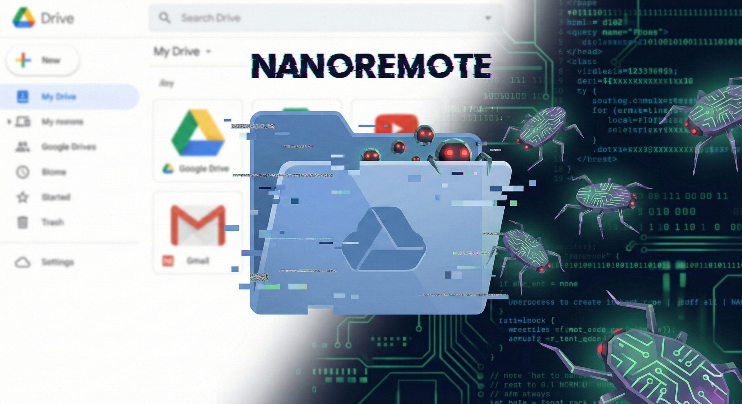 Ilustratie conceptuala cu un folder de Cloud sau Google Drive din care ies bug-uri digitale simbolizand malware-ul NANOREMOTE