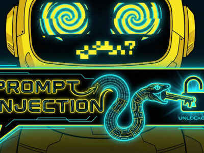 Ilustratie reprezentand o interfata de chat unde textul se transforma intr-o cheie care deblocheaza sistemul simbolizand atacul Prompt Injection asupra AI