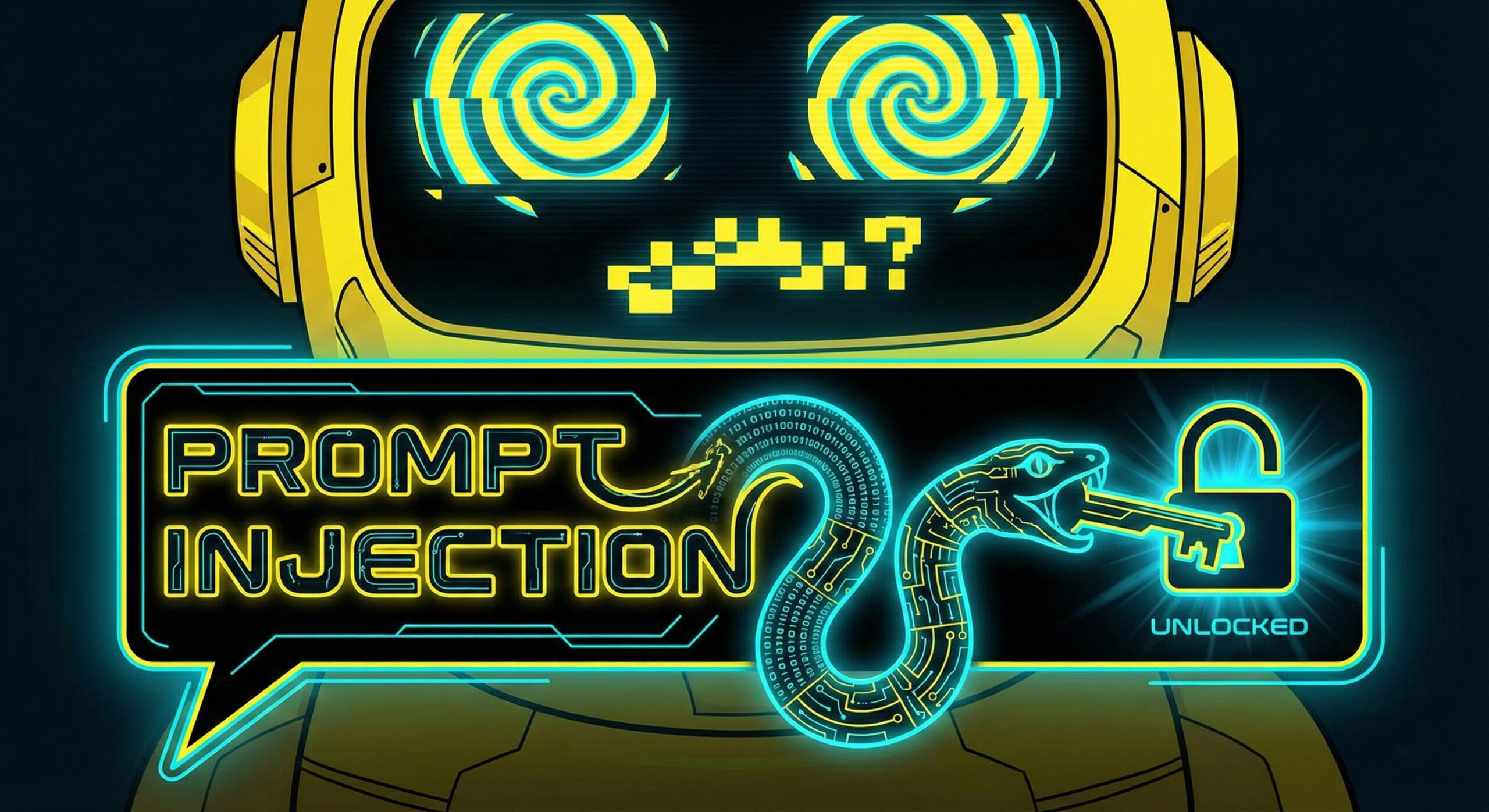 Ilustratie reprezentand o interfata de chat unde textul se transforma intr-o cheie care deblocheaza sistemul simbolizand atacul Prompt Injection asupra AI