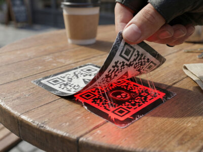 Ilustratie detaliata aratand un cod QR fals (autocolant) care este dezlipit pentru a dezvalui codul original dedesubt simbolizand atacul Quishing