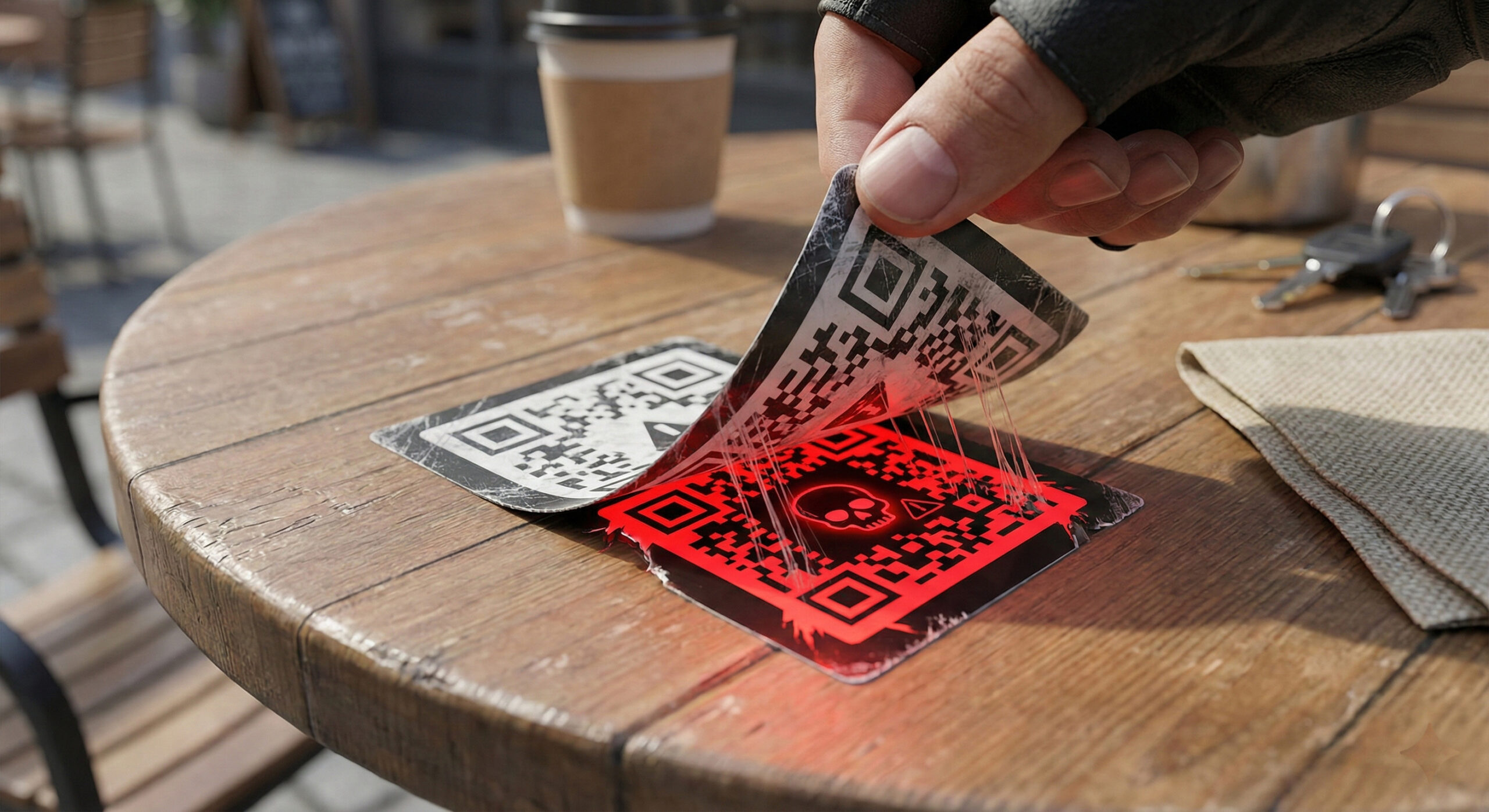 Ilustratie detaliata aratand un cod QR fals (autocolant) care este dezlipit pentru a dezvalui codul original dedesubt simbolizand atacul Quishing