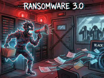 Ilustratie dramatica reprezentand un atac Ransomware 3.0 unde datele sunt furate si facute publice in timp ce serverele sunt blocate