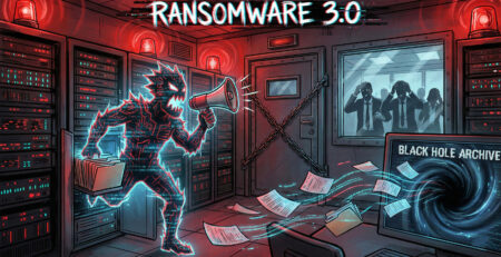 Ilustratie dramatica reprezentand un atac Ransomware 3.0 unde datele sunt furate si facute publice in timp ce serverele sunt blocate