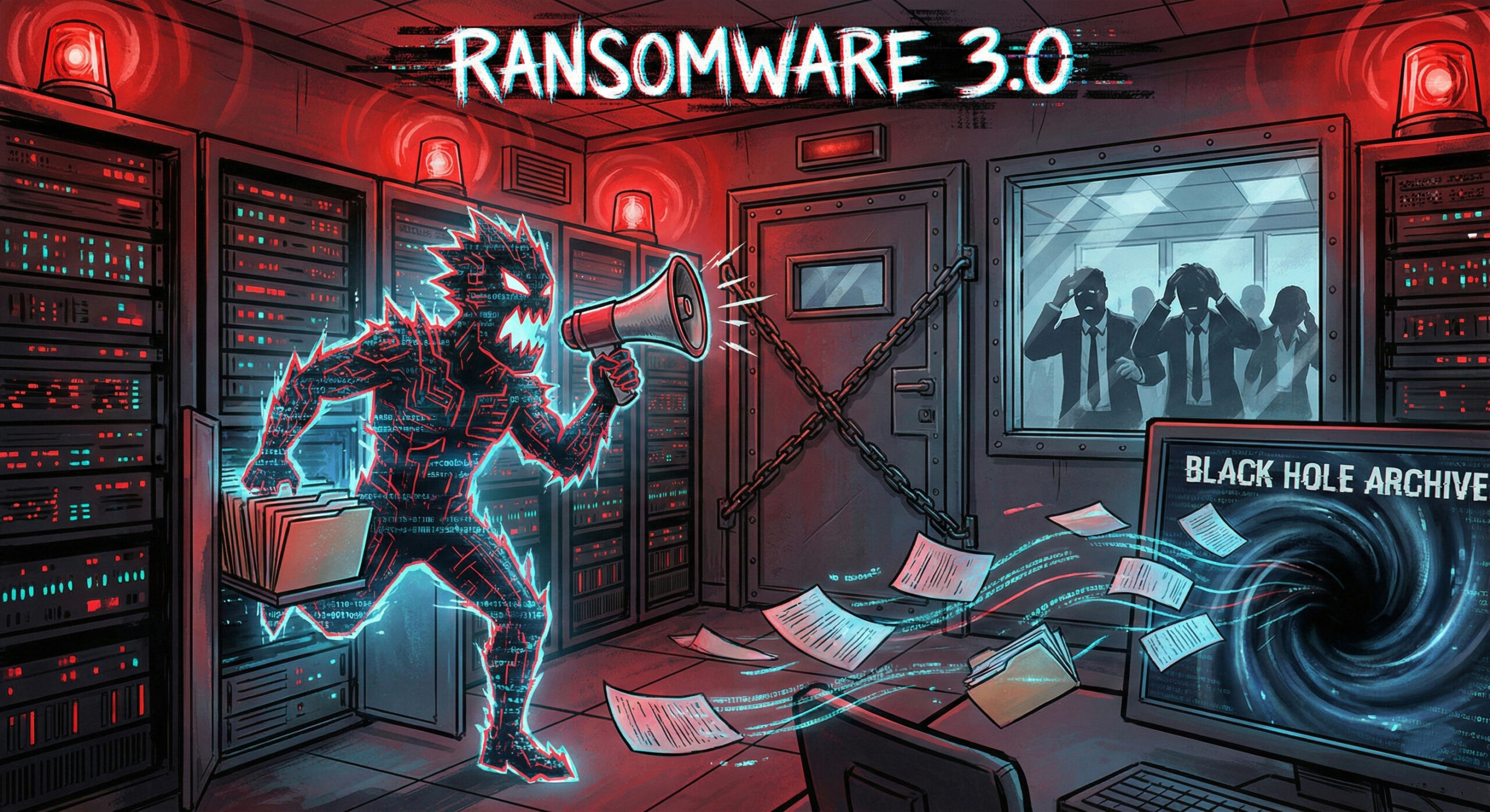 Ilustratie dramatica reprezentand un atac Ransomware 3.0 unde datele sunt furate si facute publice in timp ce serverele sunt blocate