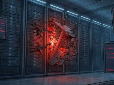 Ilustratie tehnica cu un rack de servere unde o unitate vulnerabila este compromisa simbolizand riscurile software in pgAdmin sau Plesk