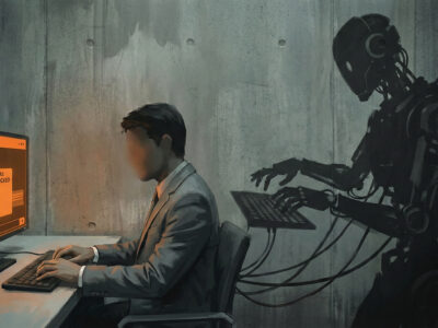 Ilustratie conceptuala cu un angajat la birou a carui umbra are forma unui robot simbolizand fenomenul Shadow AI si riscurile nevazute