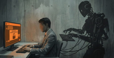 Ilustratie conceptuala cu un angajat la birou a carui umbra are forma unui robot simbolizand fenomenul Shadow AI si riscurile nevazute