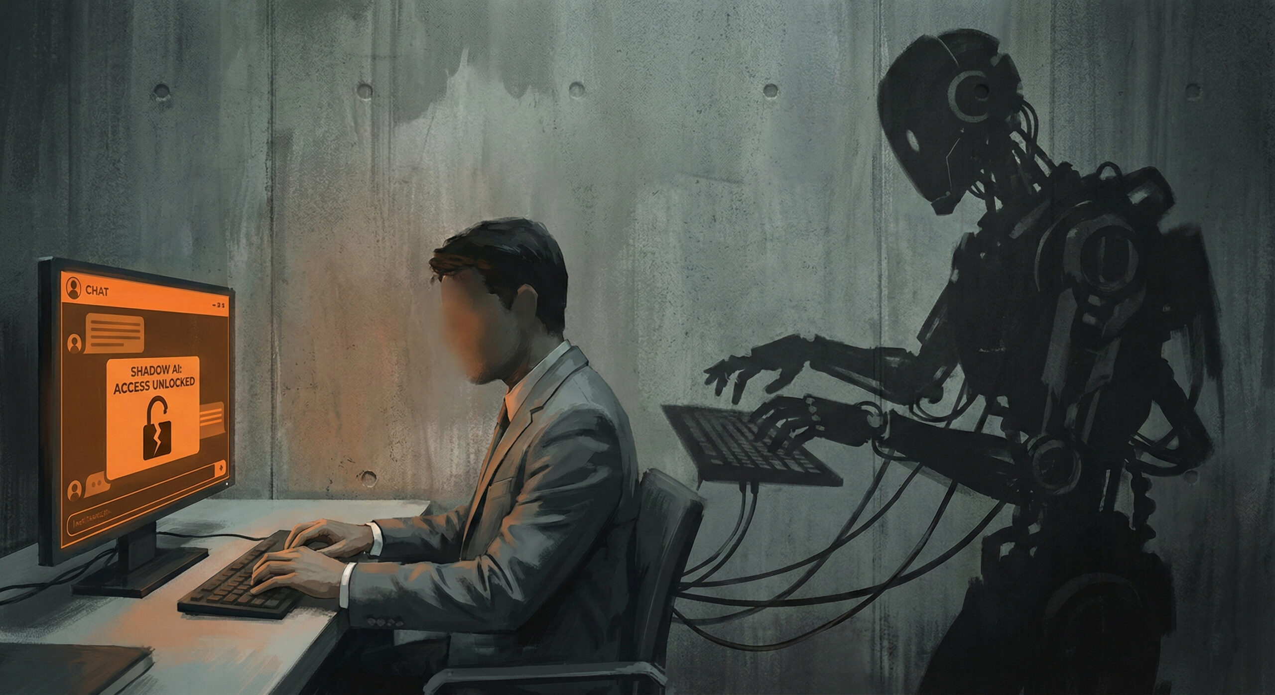 Ilustratie conceptuala cu un angajat la birou a carui umbra are forma unui robot simbolizand fenomenul Shadow AI si riscurile nevazute